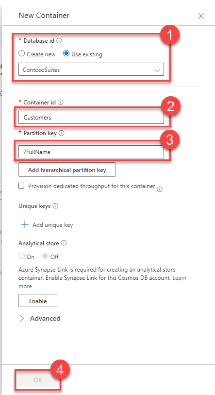 Create a new container called Customers