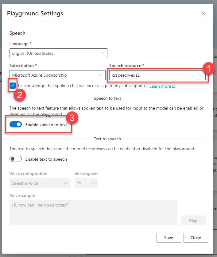 Choose the speech resource, acknowledge usage rules, and enable speech to text in the Playground Settings