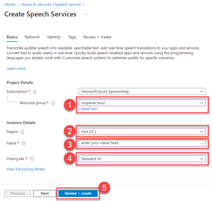 Settings to create a Speech service