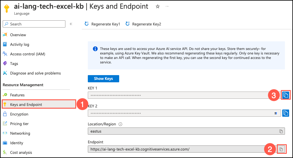 The Language service's Keys and Endpoint page is displayed, with the Endpoint and KEY 1 copy to clipboard buttons highlighted.