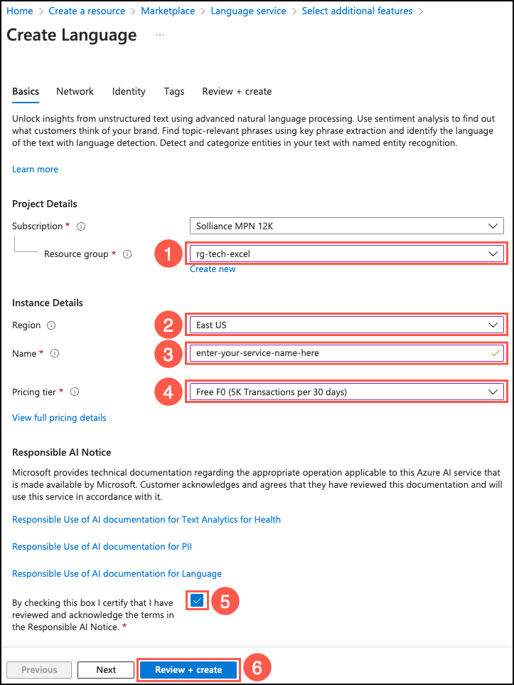 The settings to create a Language service are displayed on the Create Language Basics tab.