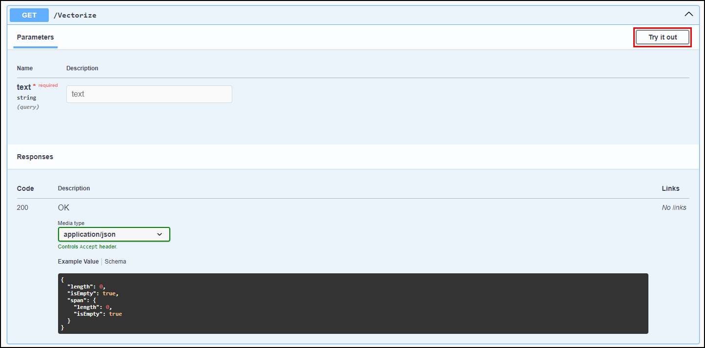The try it out button is highlighted for the Vectorize endpoint.