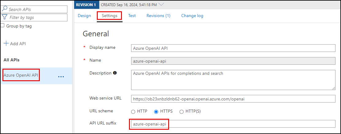 Screenshot of the Azure OpenAI API's settings tab, with the API URL suffix value highlighted.