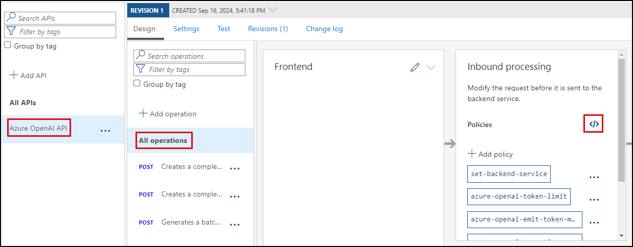 Screenshot of the design page of the Azure OpenAPI API in APIM, with the API name, All operations page, and policies link highlighted.