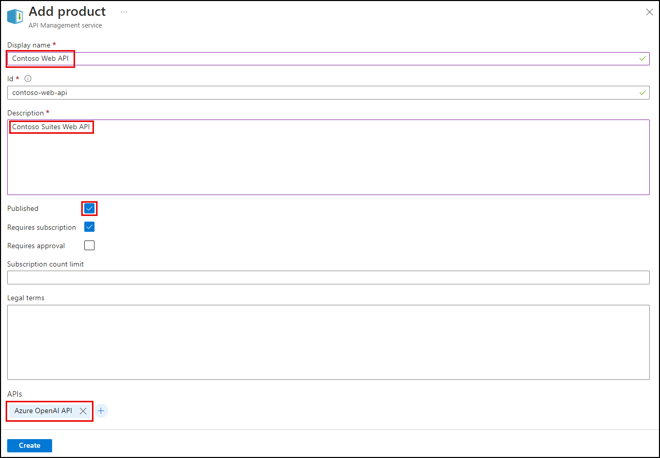 Screenshot of the Add product dialog, with the values specified in the instructions highlighted.