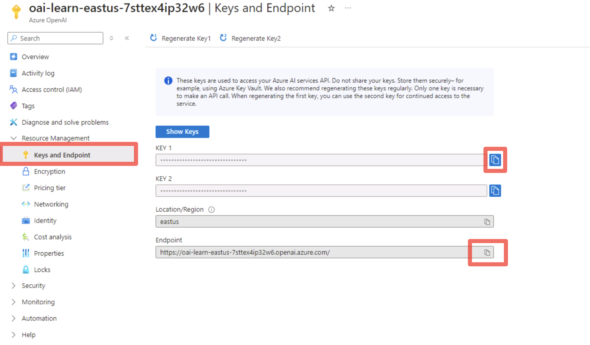 Screenshot of the Azure OpenAI service's Keys and Endpoints page is displayed, with the KEY 1 and Endpoint copy buttons highlighted by red boxes.