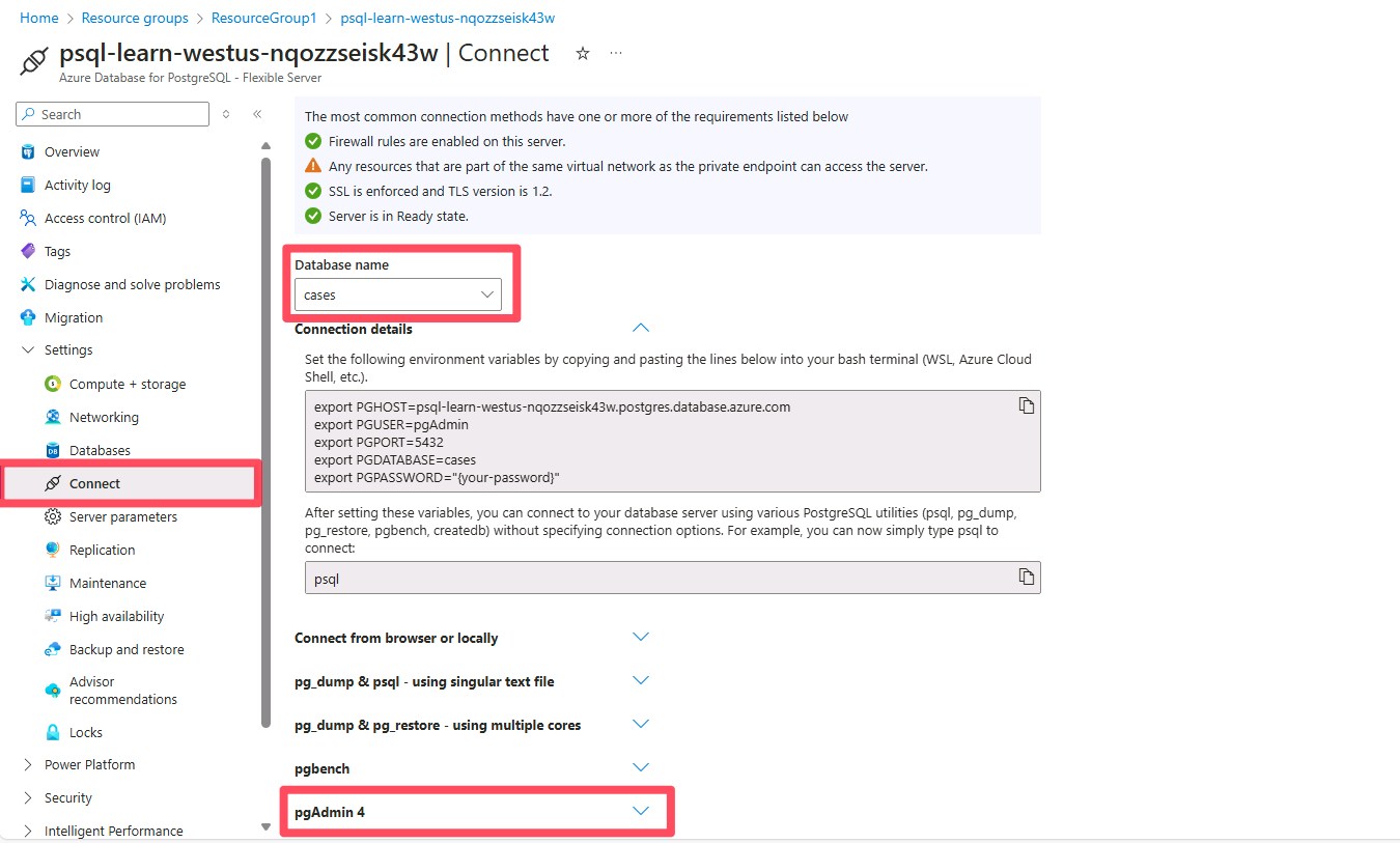 Connecting to pgAdmin from Azure