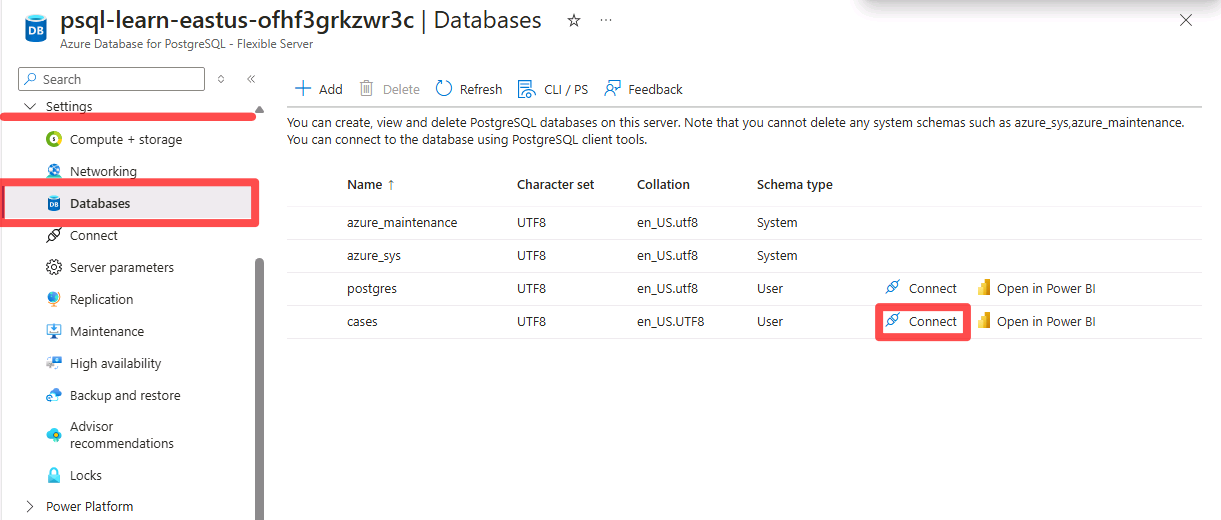 Screenshot of the Azure Database for PostgreSQL Databases page. Databases and Connect for the cases database are highlighted by red boxes.
