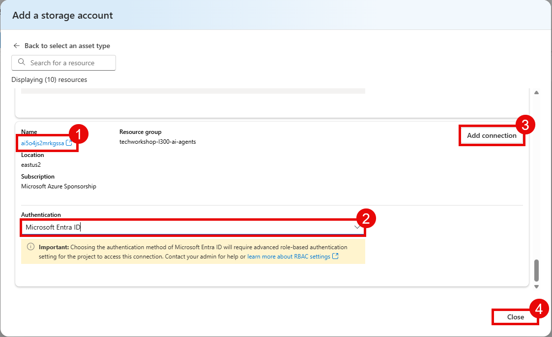 Add connection for the storage account.