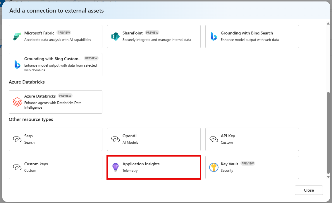 Create a new Application Insights connection.