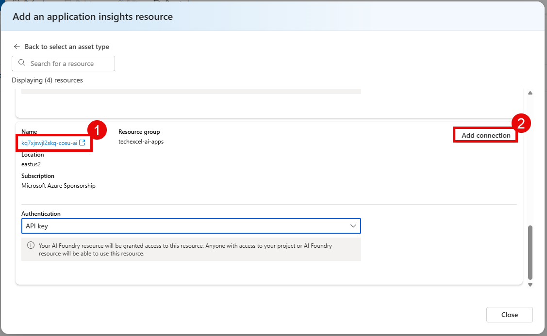 Add connection for the Application Insights resource.