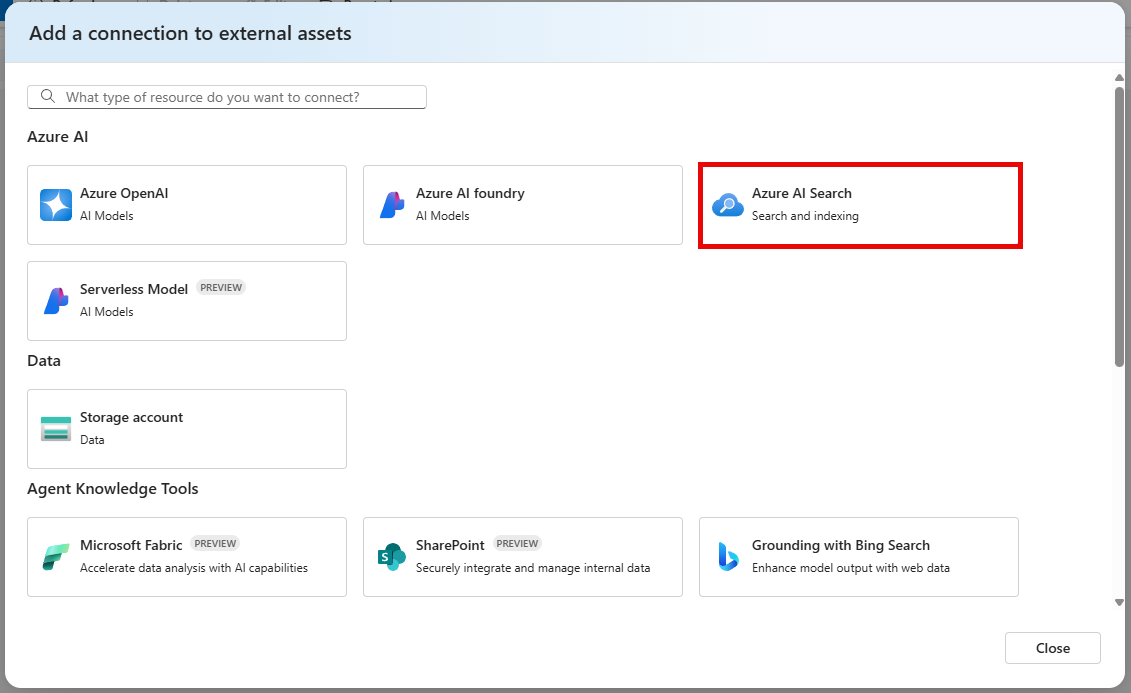 Add connection for the Azure AI Search resource.