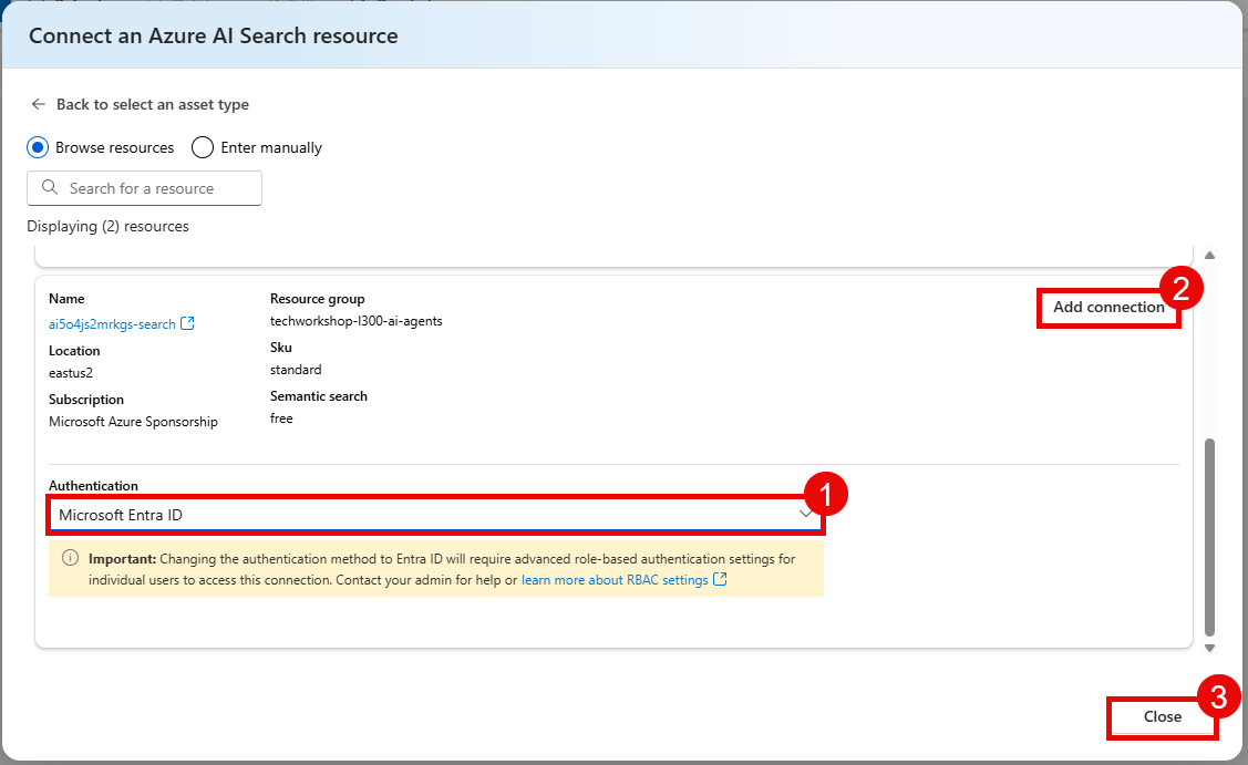 Add connection for the Azure AI Search resource.