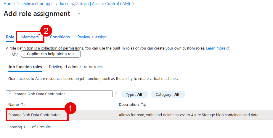 Select the Storage Blob Data Contributor role.