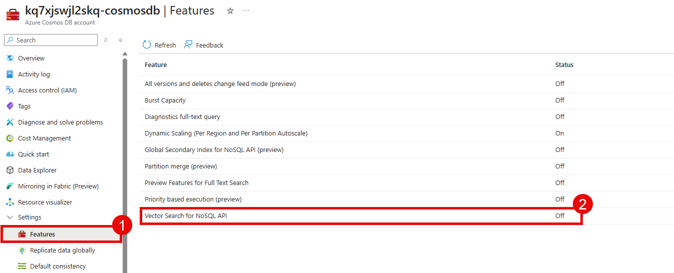 Update the Vector Search for NoSQL API setting.