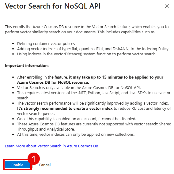 Enable vector search for Cosmos DB.