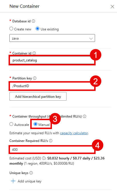 Configure the new Cosmos DB container.
