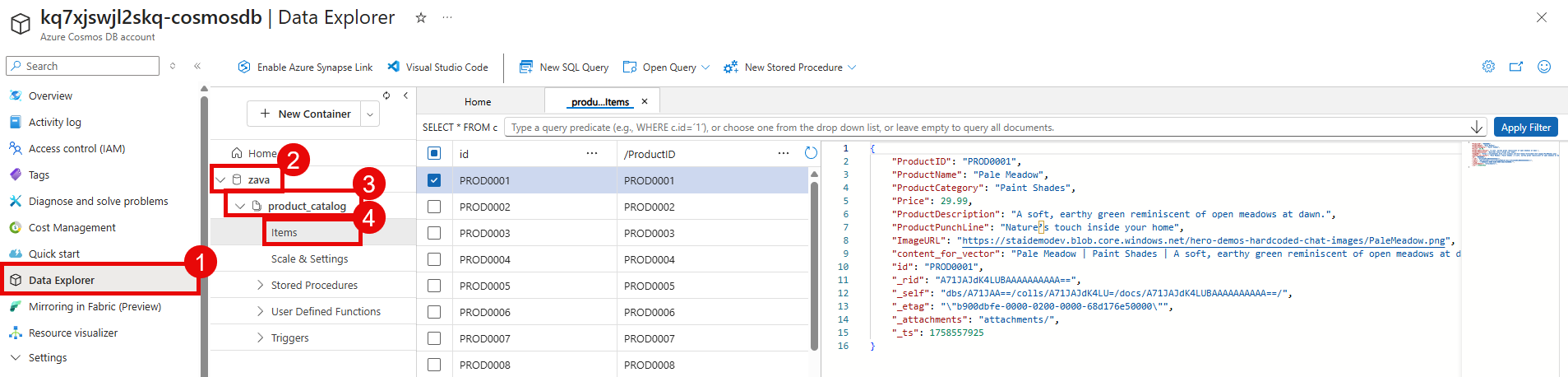 Review the imported documents in the product_catalog container.