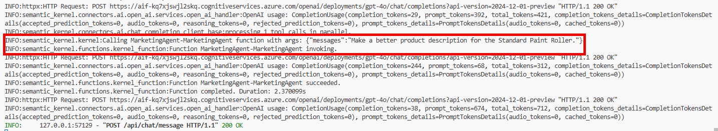 The application logs showing the request routing to the Marketing Agent.