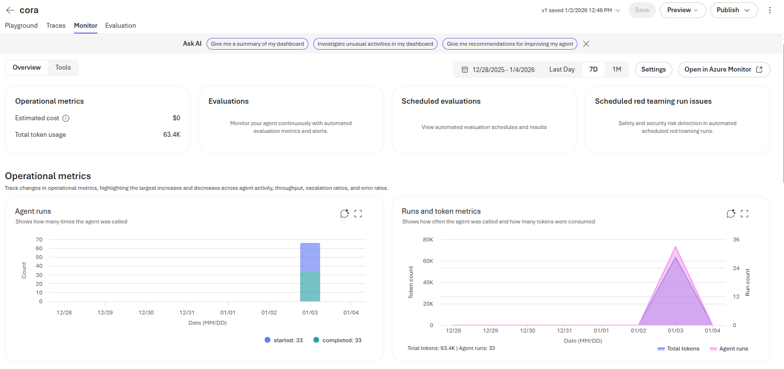 The Monitor tab contains a variety of metrics related to your deployed agents.
