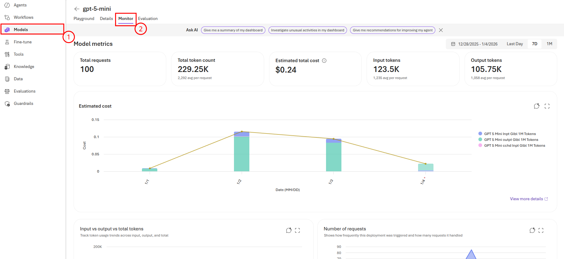 The Monitor tab contains a variety of metrics related to your deployed models.