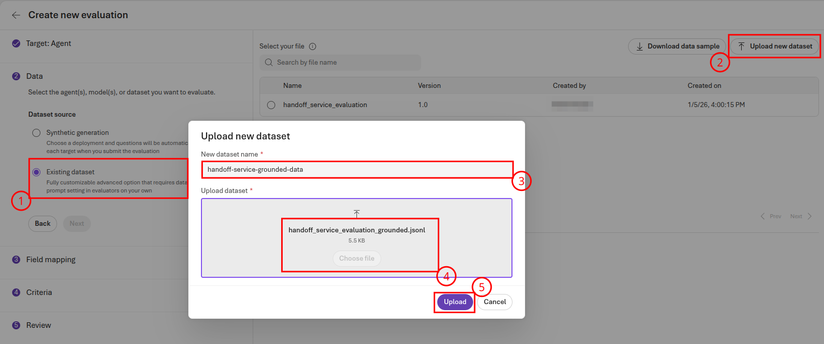 Upload a grounded dataset for handoff service evaluation.