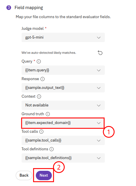 Map the fields for the handoff service evaluation.