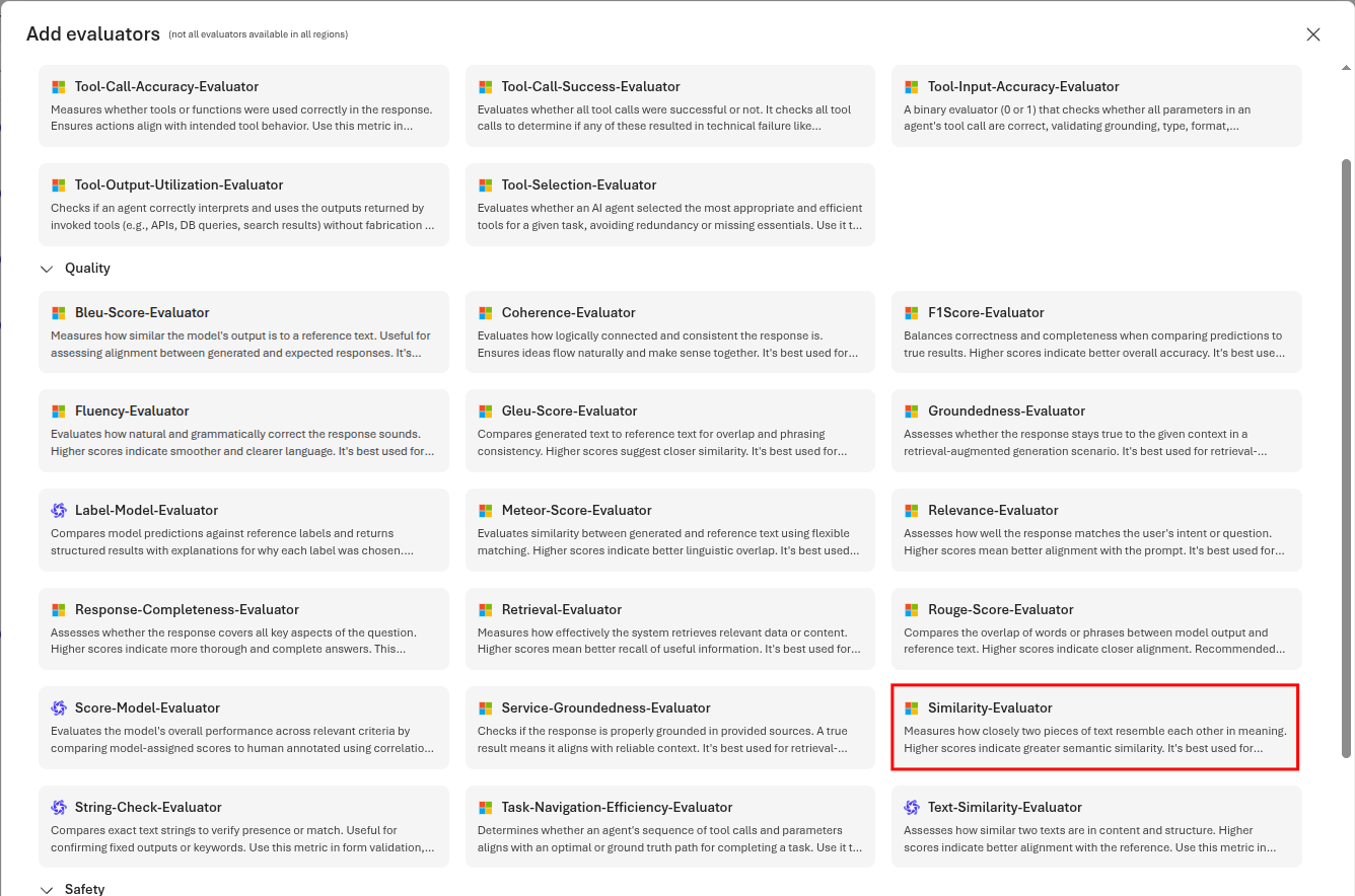 Select the Similarity-Evaluator option from the list of evaluators.
