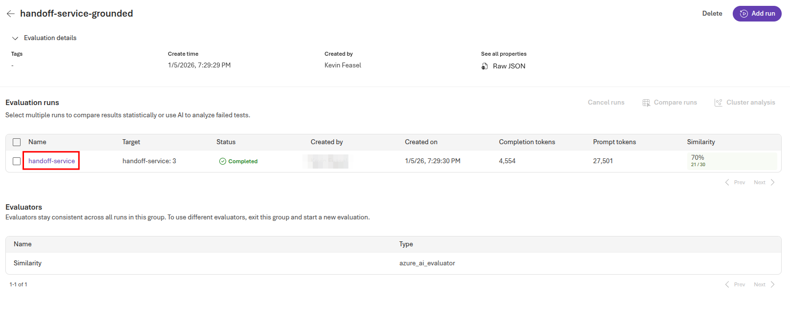 The handoff service evaluation is complete.
