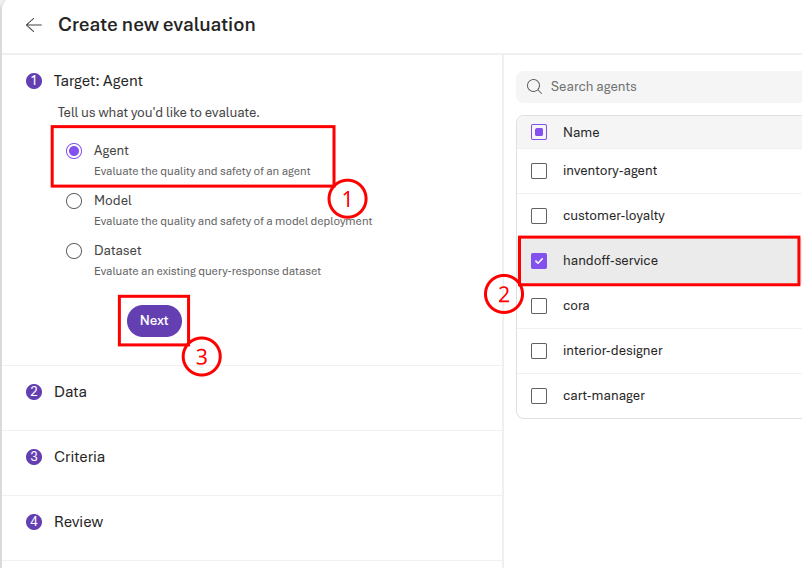 Create an evaluation for the handoff service.