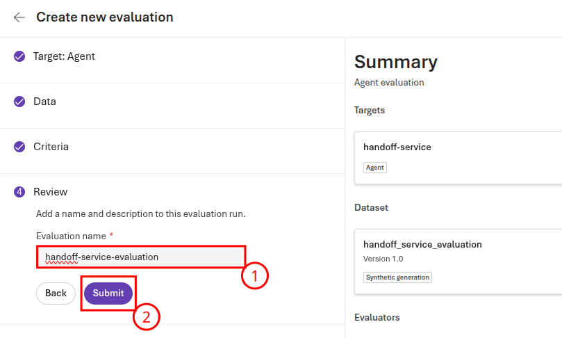 Submit the evaluation for the handoff service.