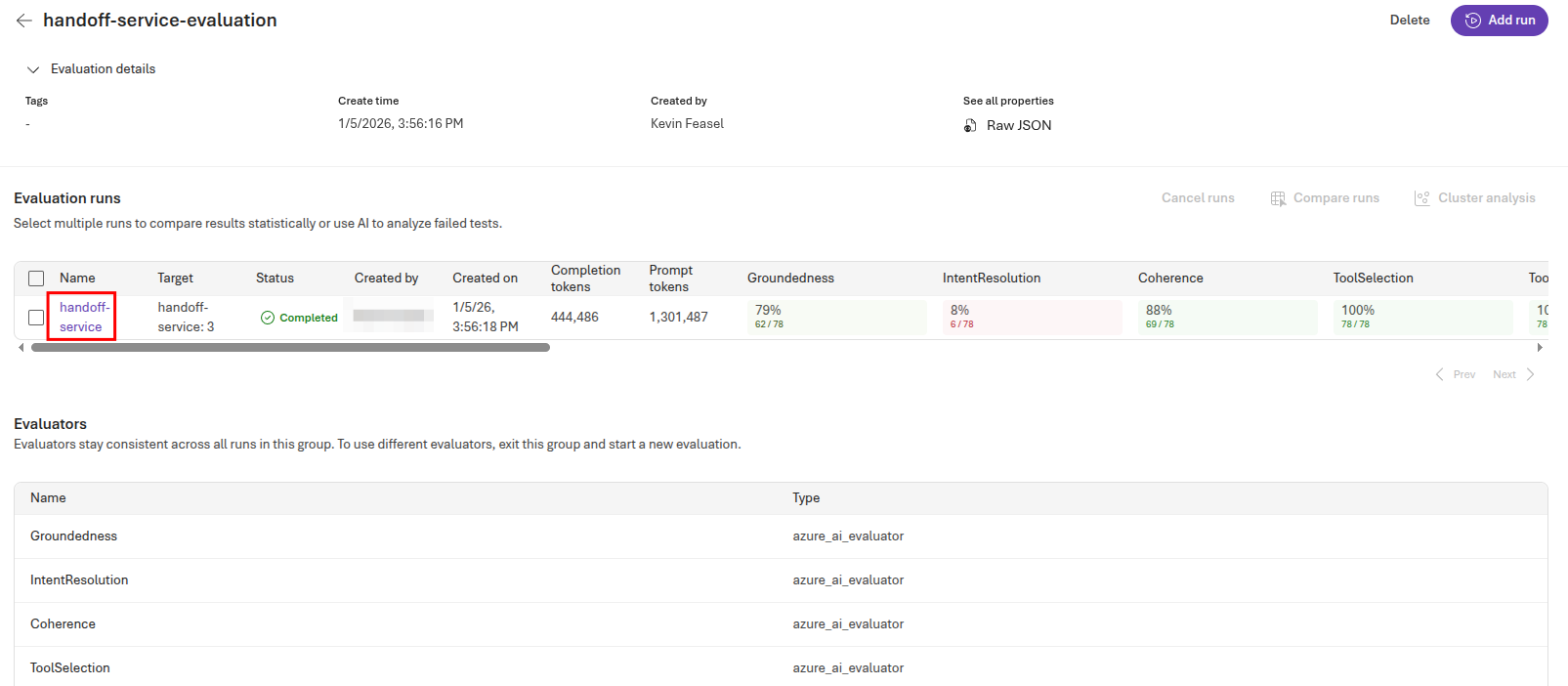 View results for the handoff service evaluation run.