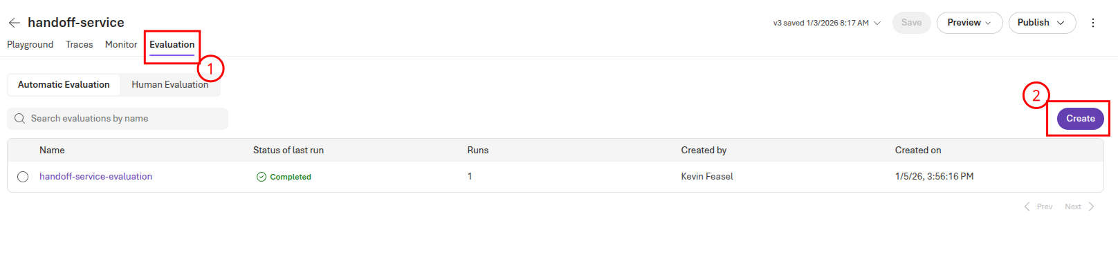 Create a new evaluation for the handoff service.