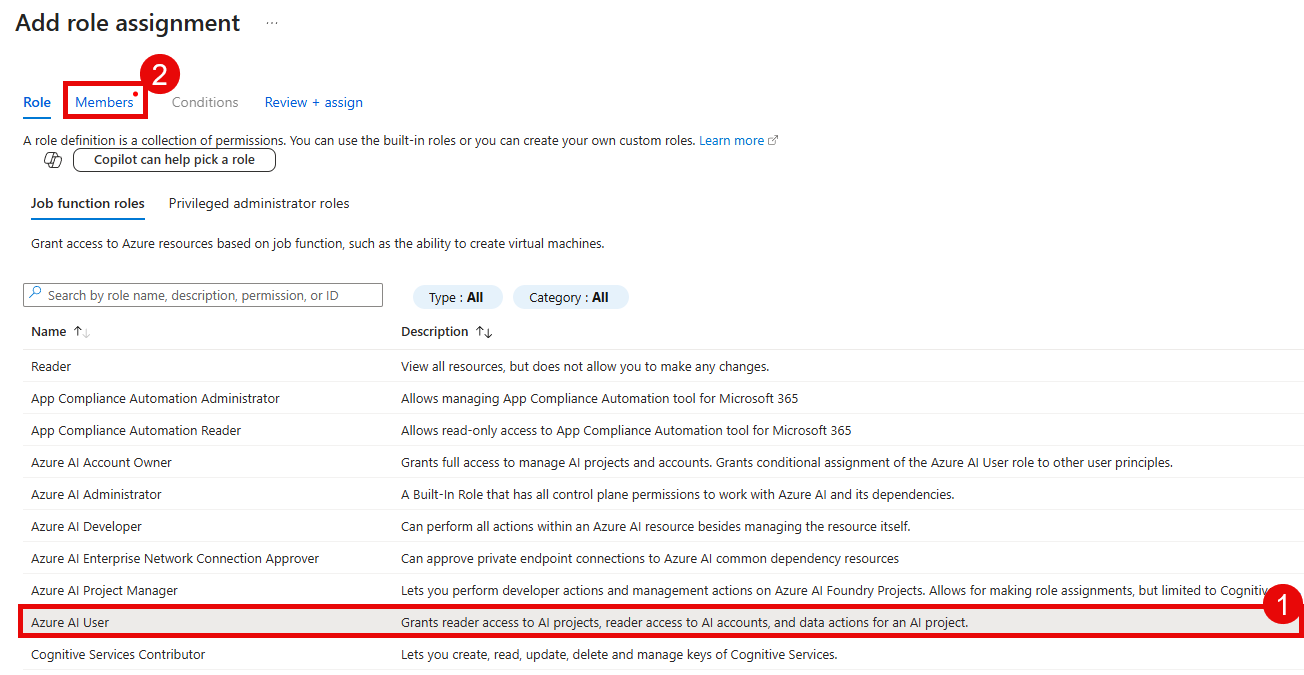 Assign the Azure AI User role to the service principal.