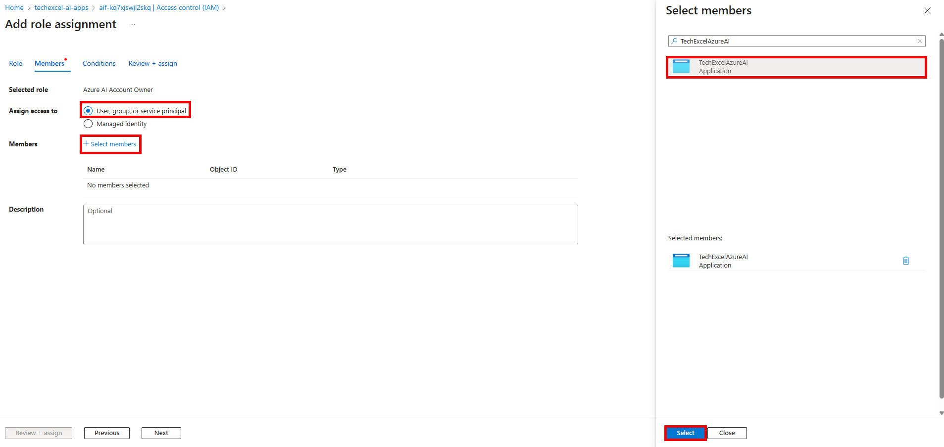 Select the TechWorkshopL300AzureAI service principal.