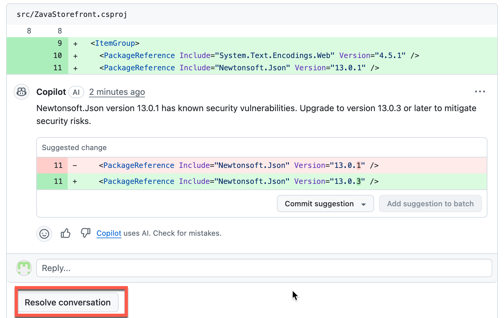 Resolving a Copilot recommendation