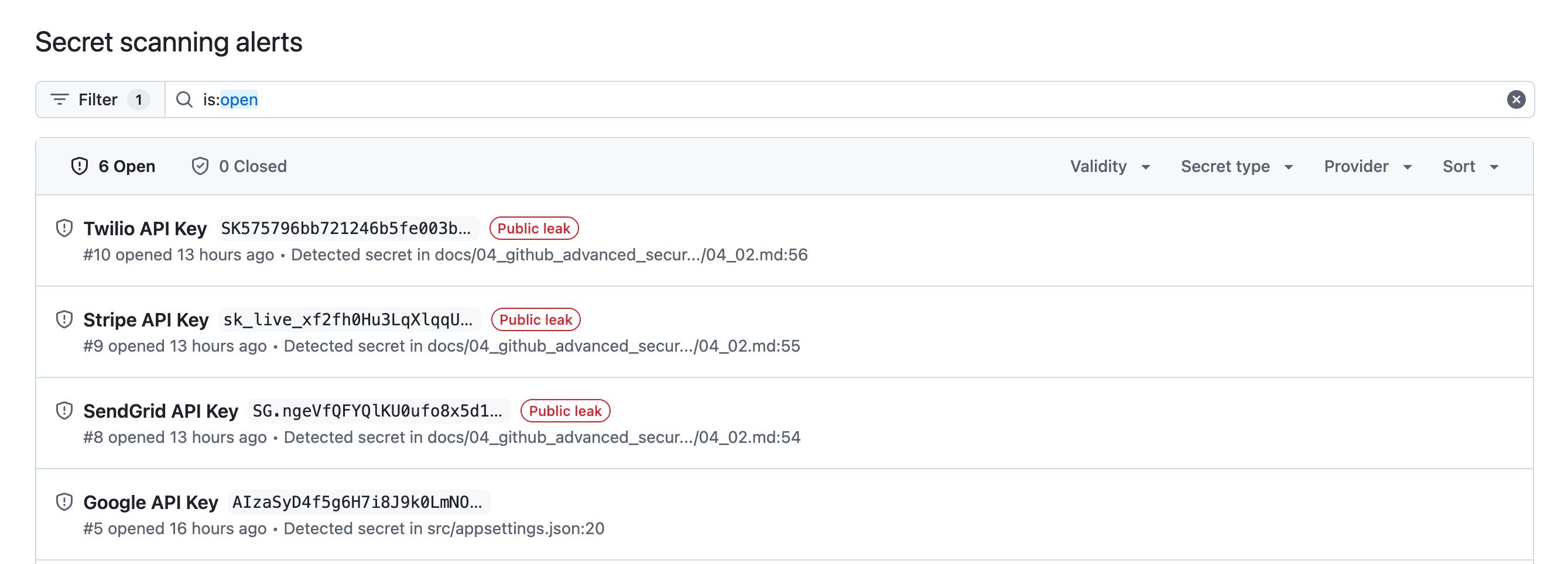 Default secret scanning alerts