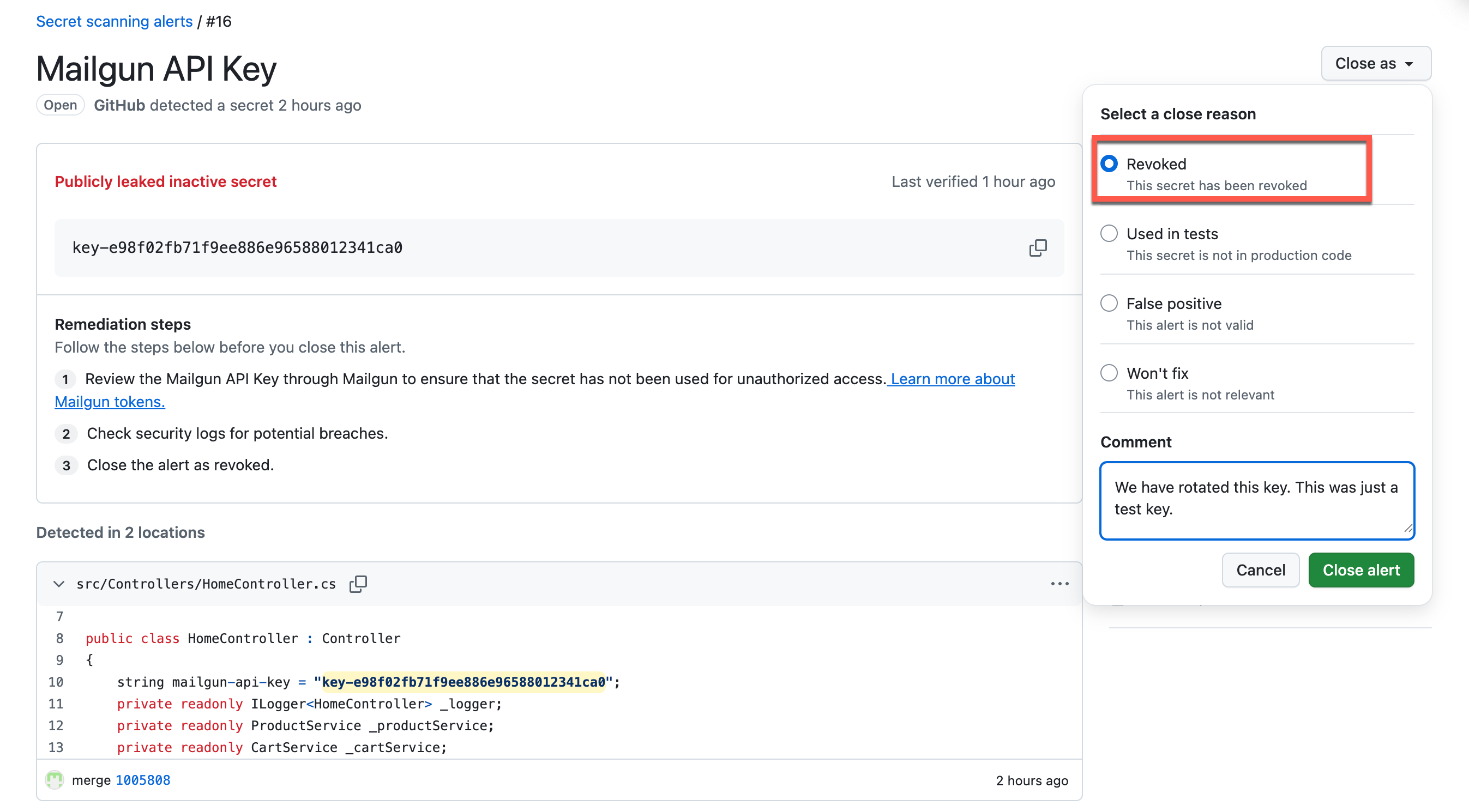 Closing a secret alert