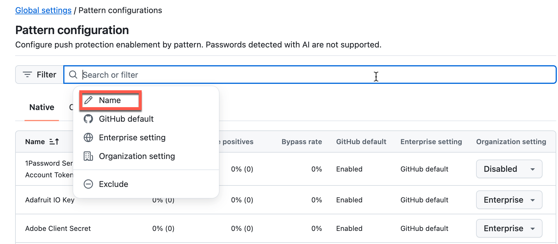 Filtering secret patterns