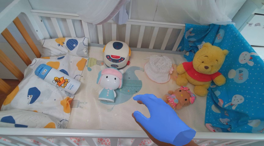 Pick up the white hat on the bed