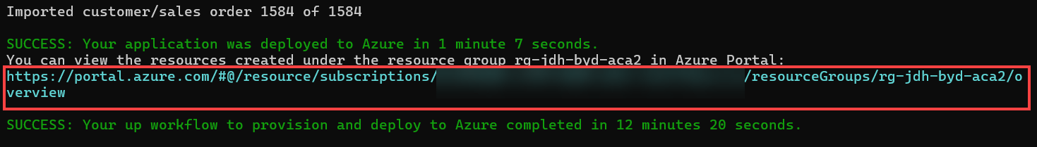 The terminal output aafter azd up completes shows the resource group link.