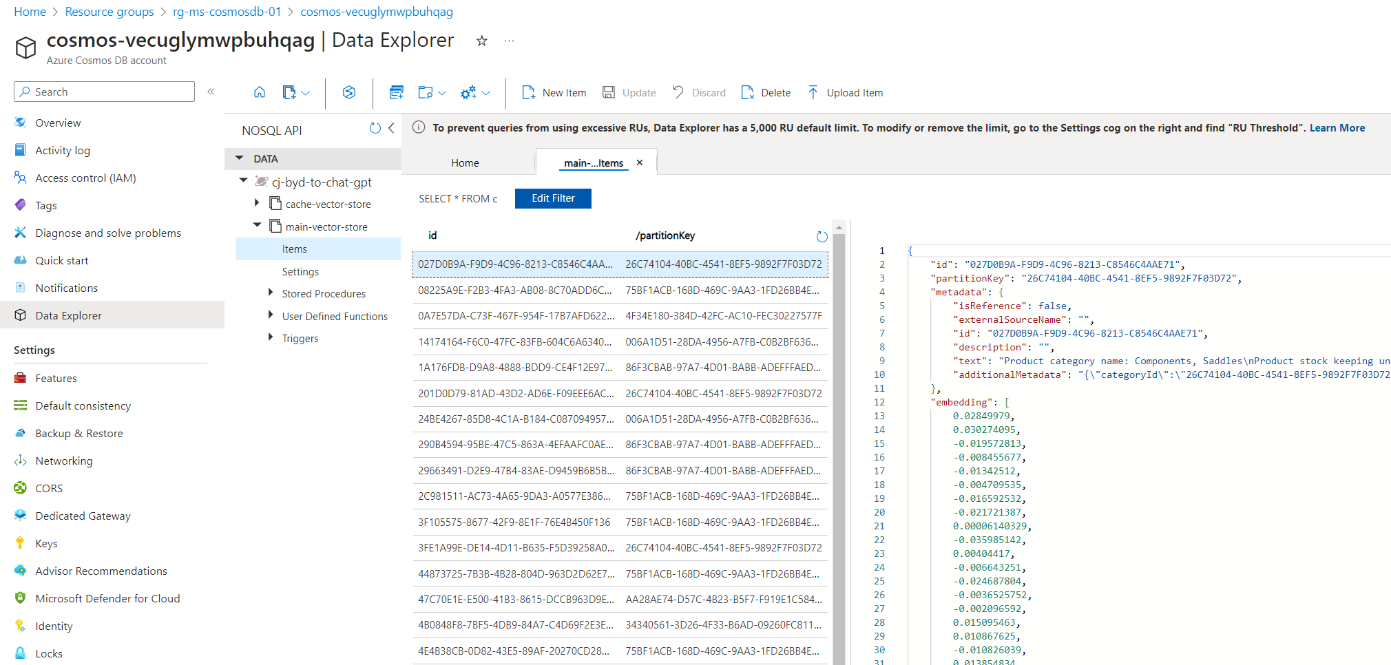 Cosmos DB vector store collection populated with vectorized data