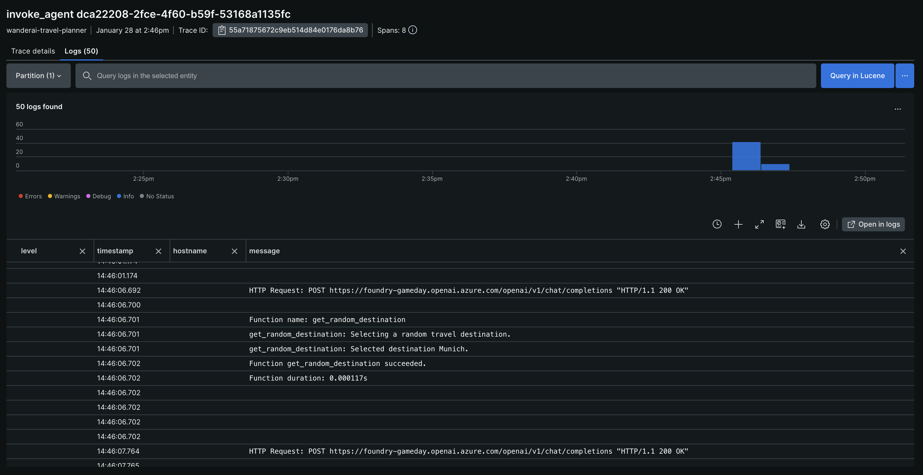 WanderAI OTel trace logs