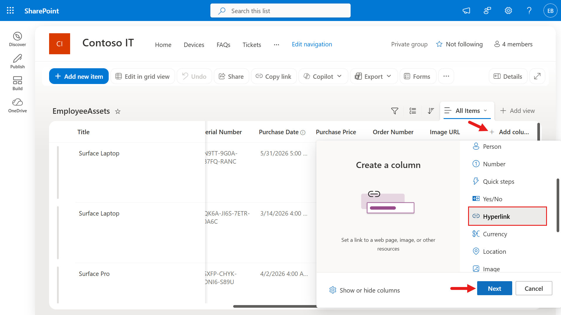 Add a new hyperlink column