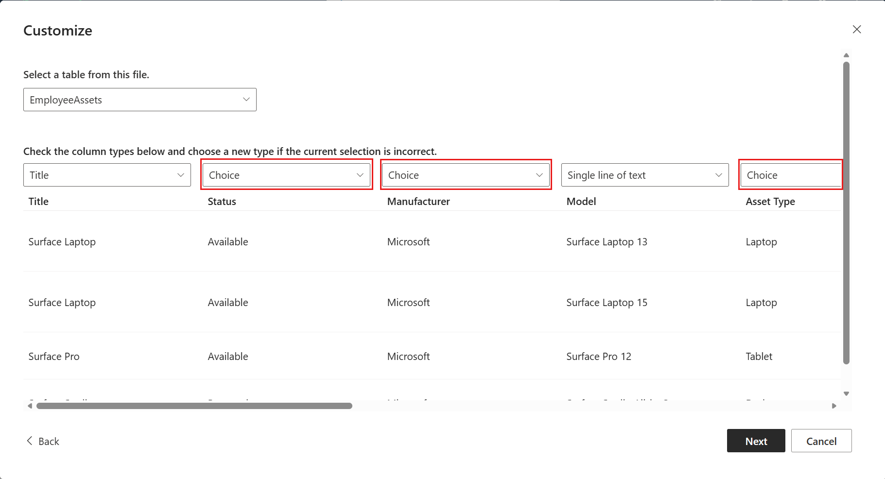 Change column types to Choice