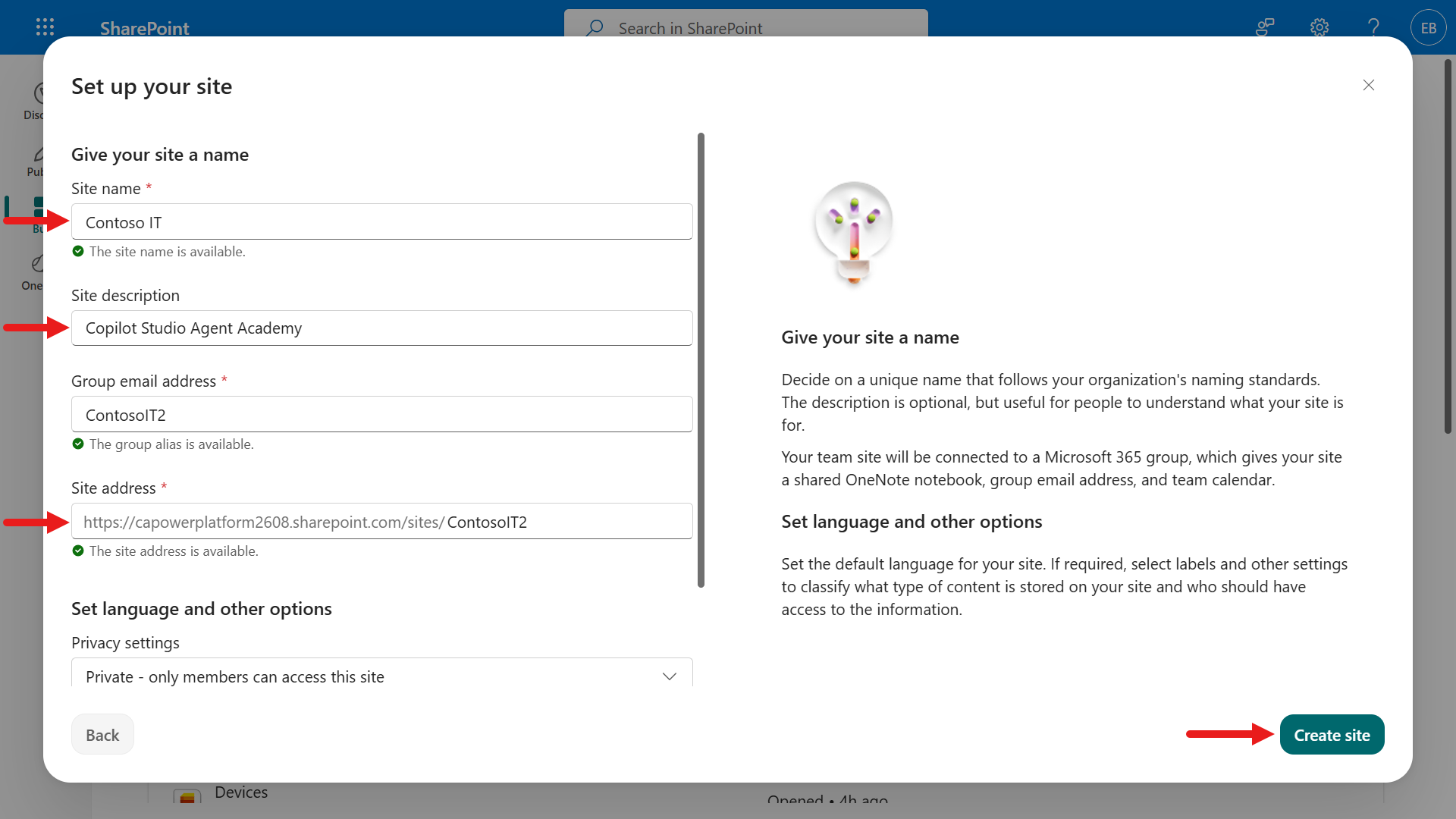 Configure the new SharePoint site details