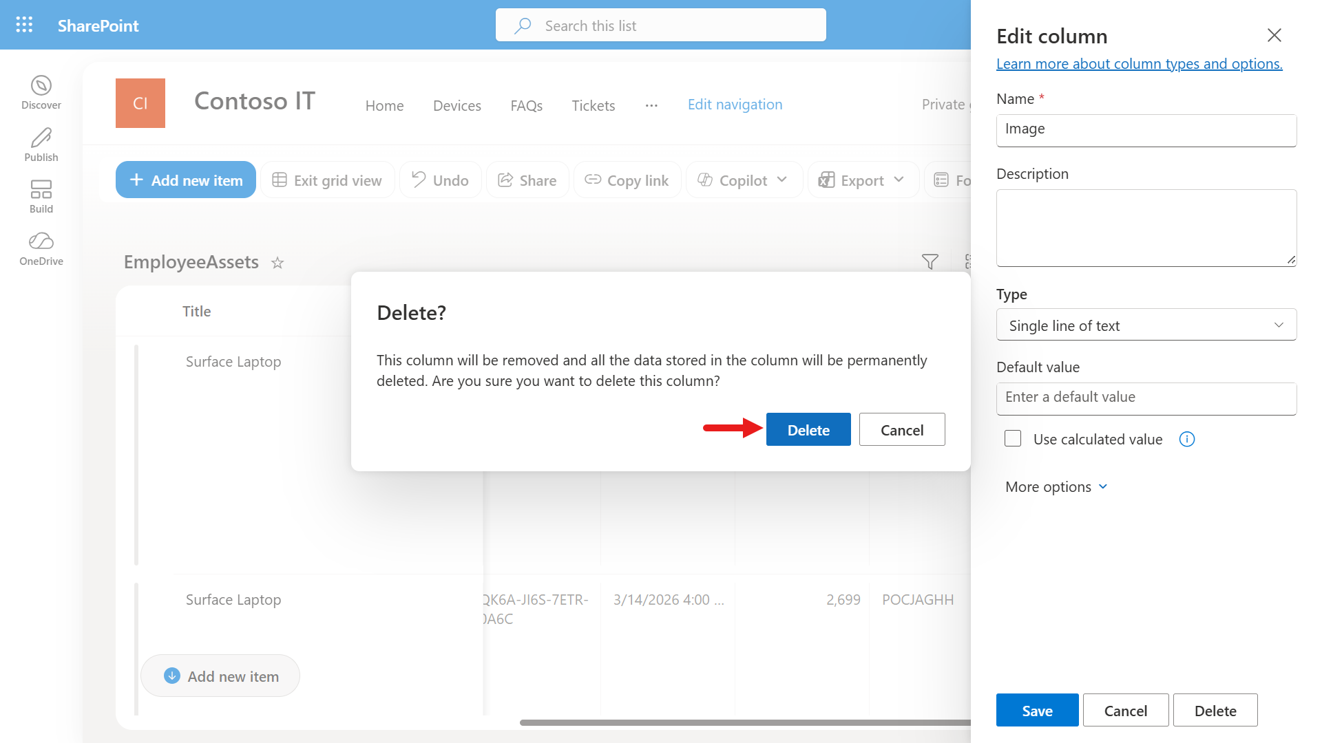 Confirm deletion of the SharePoint column