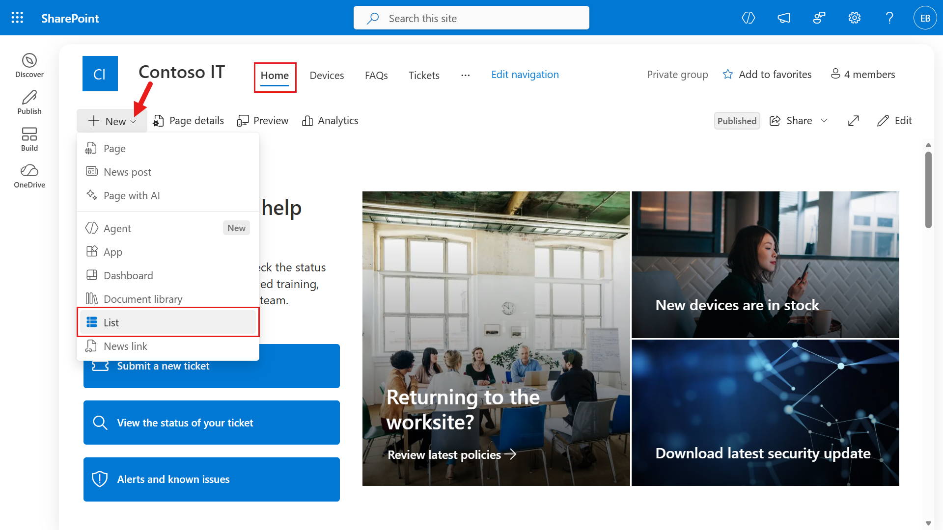 Create a new SharePoint list