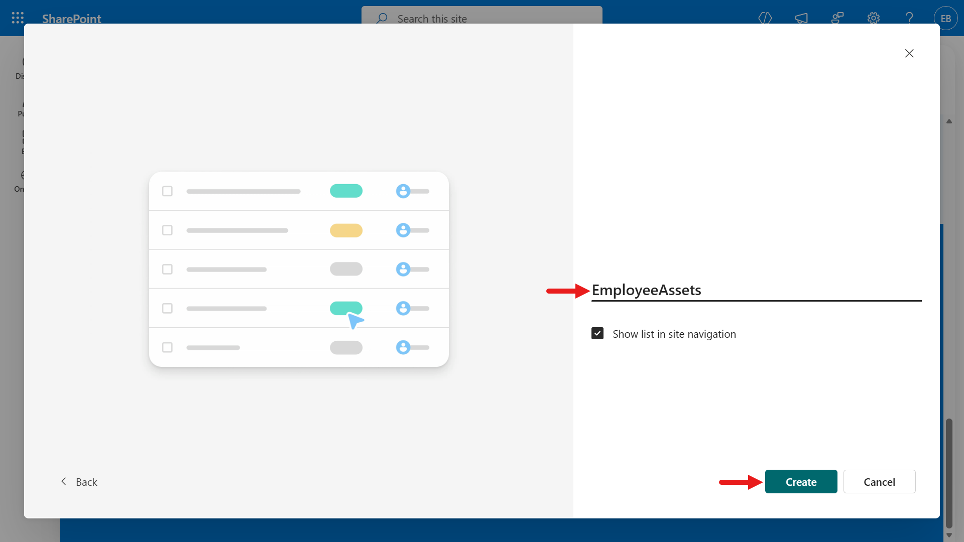 Create the configured EmployeeAssets list