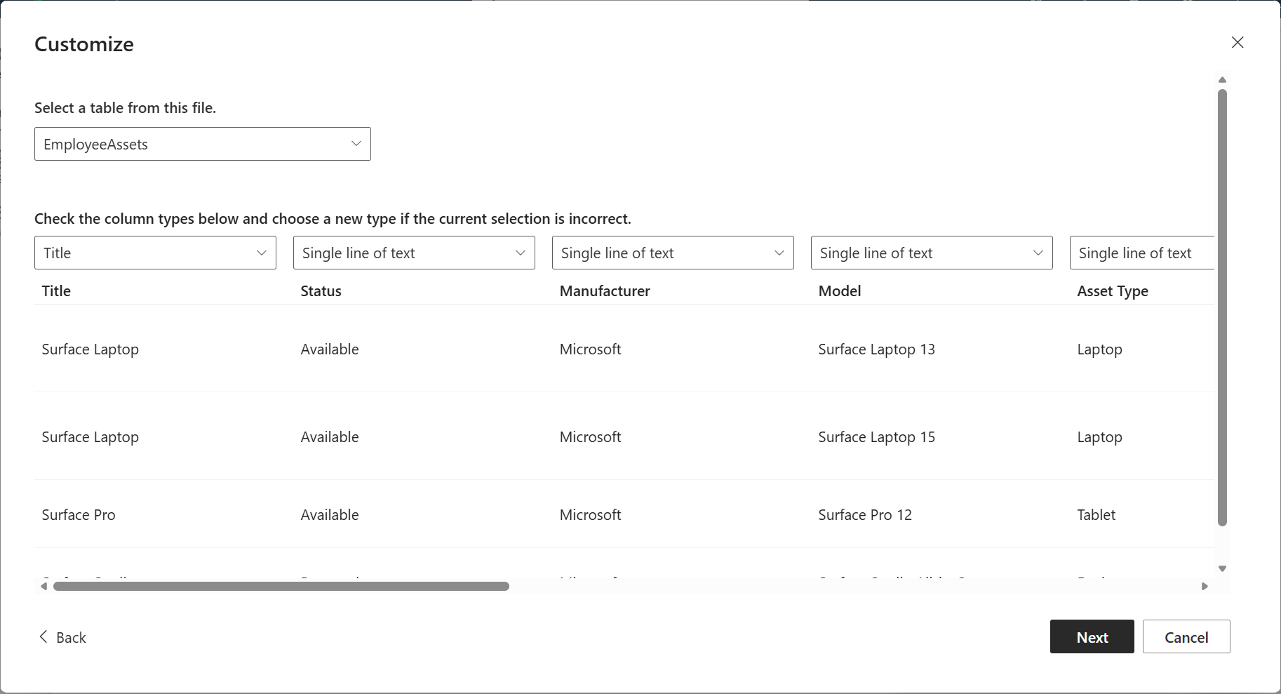Customize the imported column data types